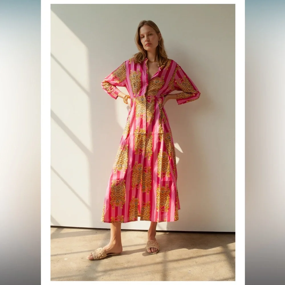 Guadalupe Luciana Tibet Tiger Stripes Hand Block Print Pure Indian Cotton Dress - Picture 15 of 16